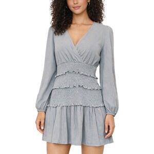 Idem Ditto Womens Dusty Blue Smocked Waist Ruffle Mini Dress Cotton Size Small